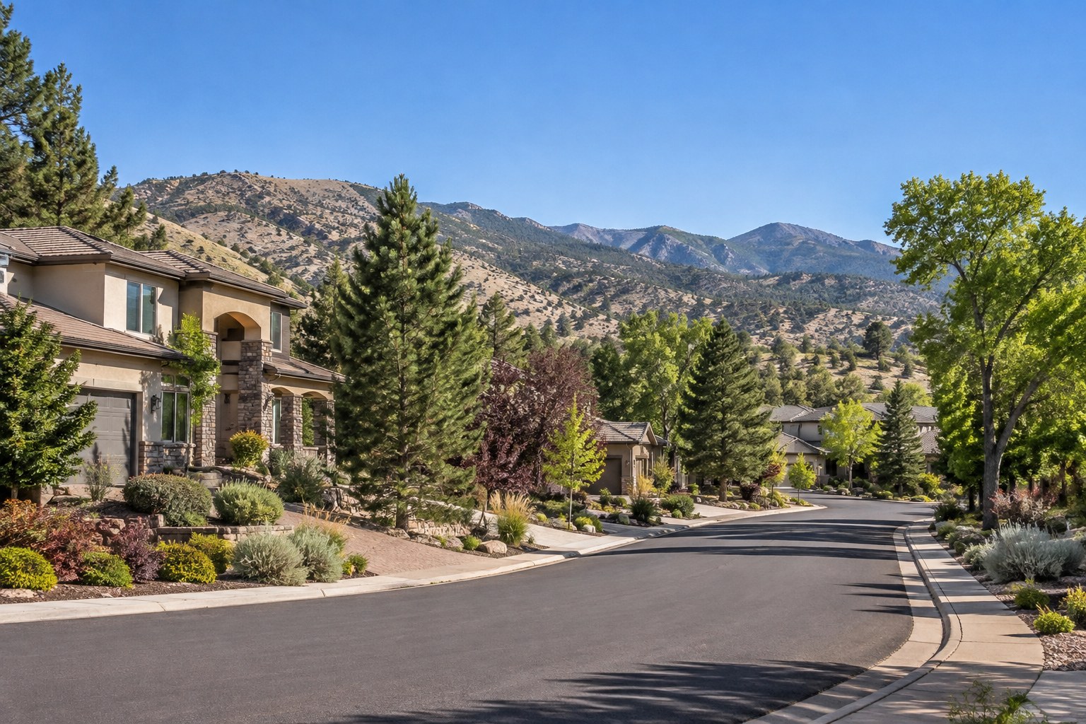 A quiet residential street in Reno with foothills behind, illustrative