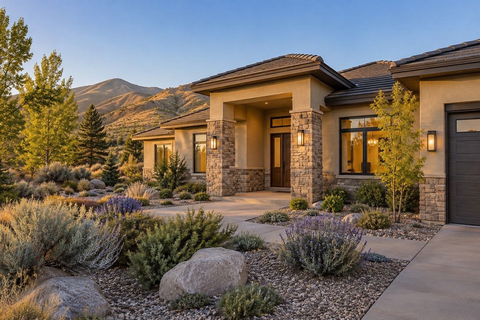 A modern home with desert landscaping and the Sierra foothills at golden hour, illustrative