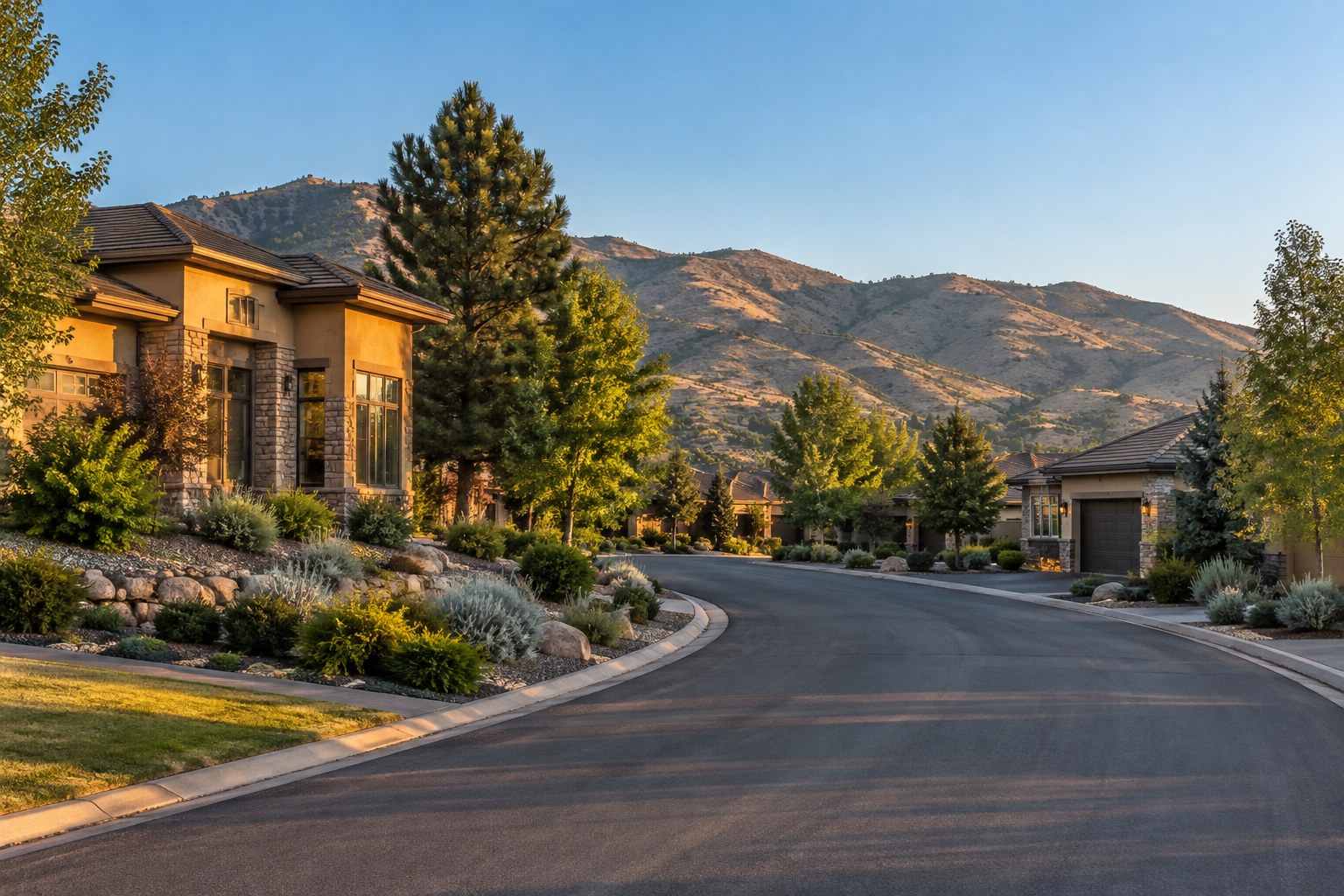 A Reno style street at golden hour, illustrative