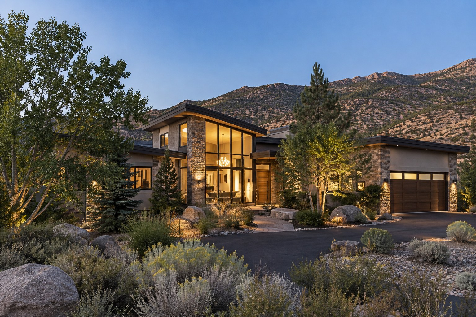 A modern home with desert landscaping at dusk, illustrative